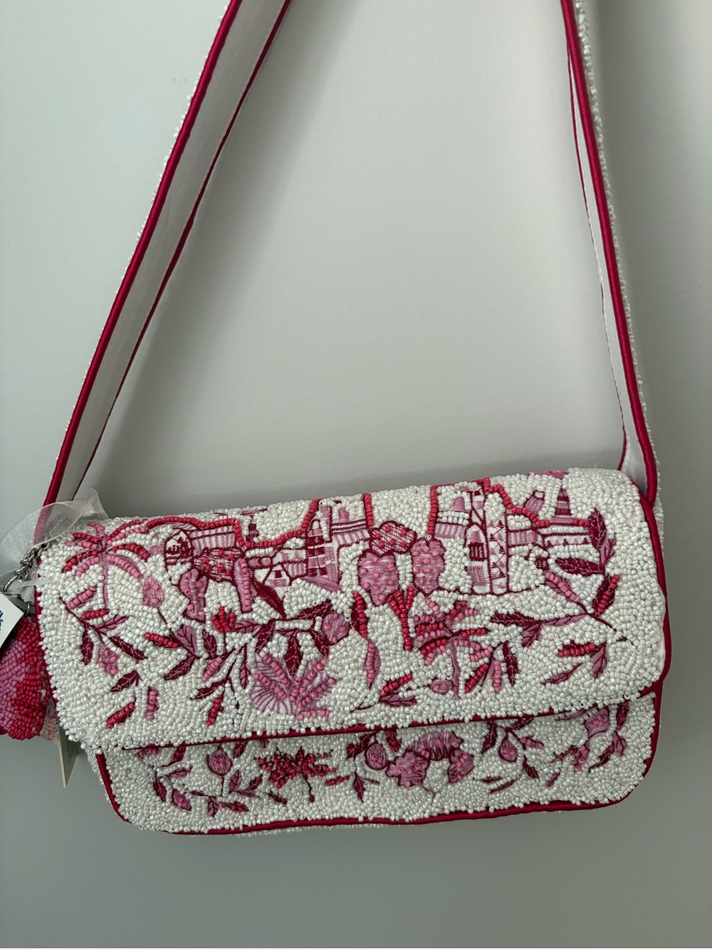 Handcrafted in India Pink Floral Beaded Bag w Flower Bag Charm